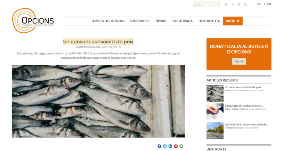 Nou article a la revista Opcions sobre consum conscient de peix amb aportacions de diferents membres de la Fundació ENT
